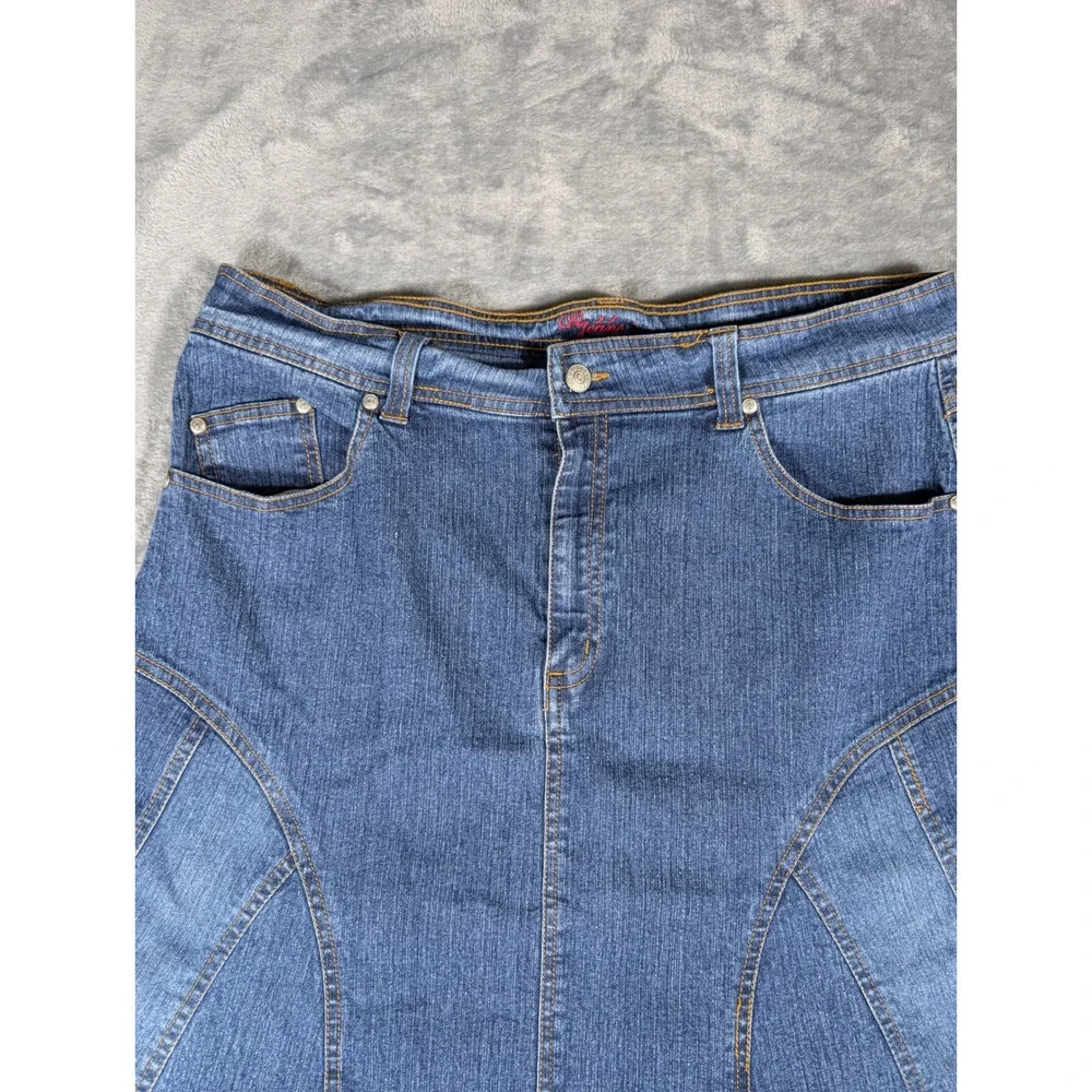 Goddess Jeans Size 18 Denim Midi Skirt Blue Frayed Hem Y2K Paneled Mermaid VTG - Picture 3 of 13